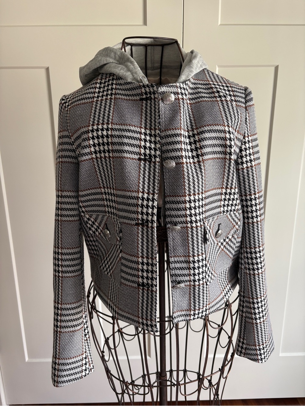 Evereve Plaid Hooded Wool-Blend Jacket - Gray/Brown